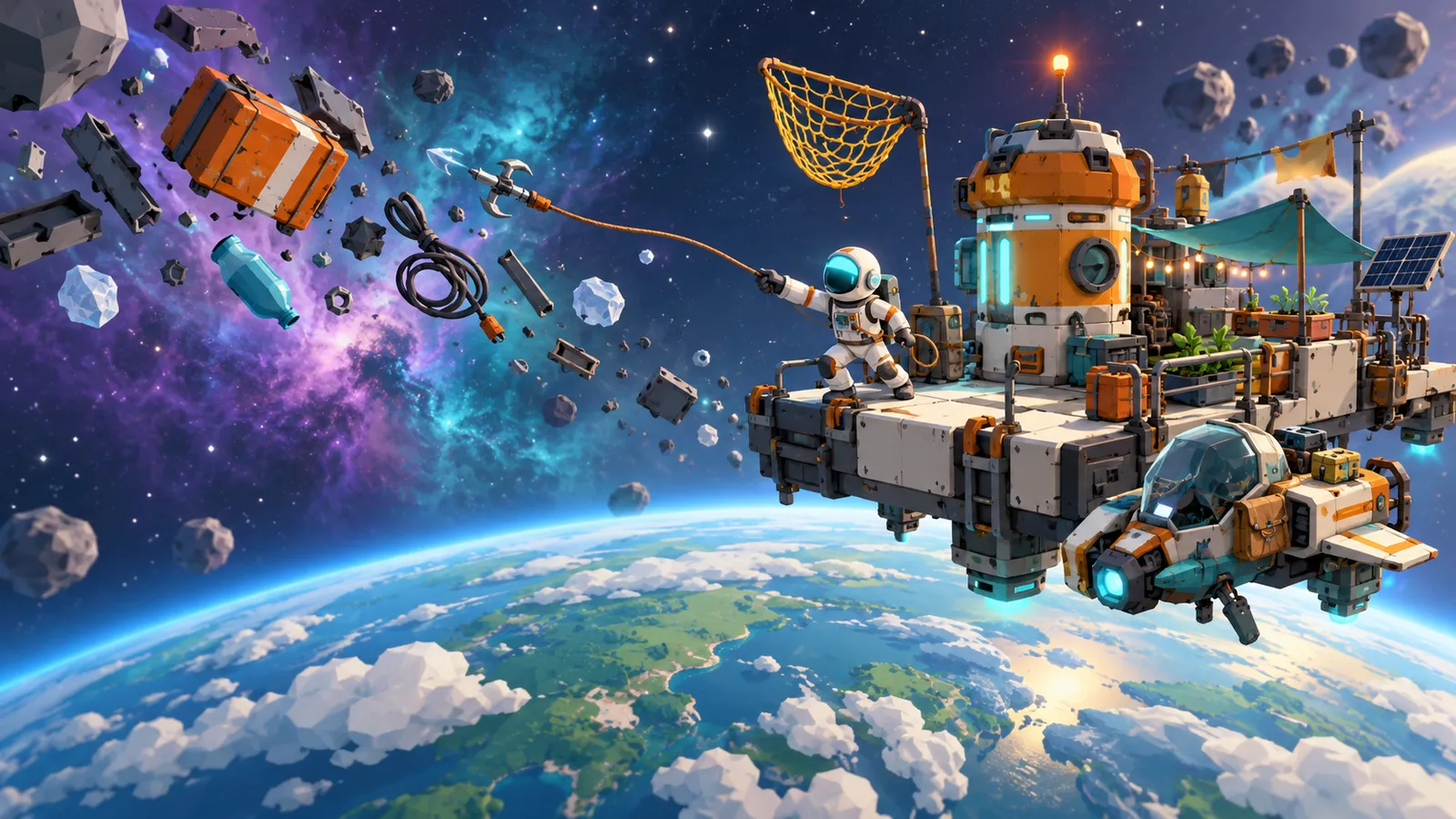 Illustration: Ein Astronaut fischt mit dem Greifhaken Schrott aus dem All, neben ihm eine kleine Raumstation über einem Planeten.