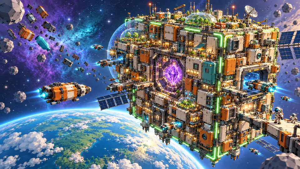 Illustration einer riesigen würfelförmigen Raumstation mit Glaskuppeln, Solarflügeln und Schiffen über einem Planeten.