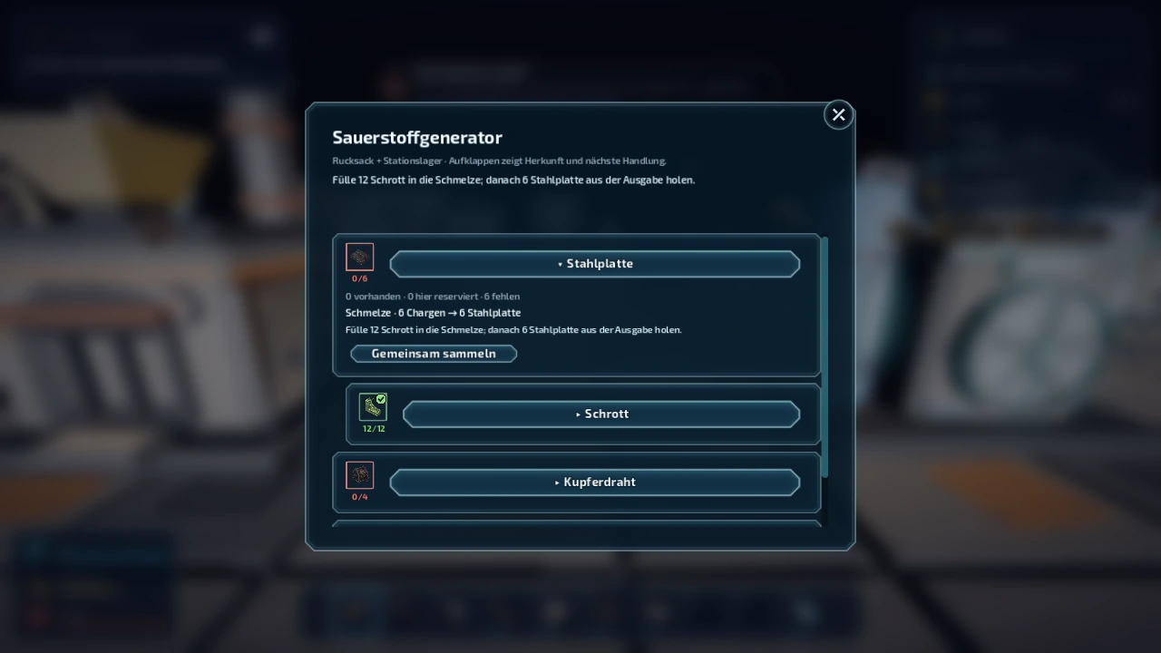 Materialwege für den Sauerstoffgenerator: Zweig „Stahlplatte“ aufgeklappt mit „0 vorhanden · 6 fehlen · Schmelze · 6 Chargen“, Knopf „Gemeinsam sammeln“, darunter Schrott 12/12 und Kupferdraht 0/4.