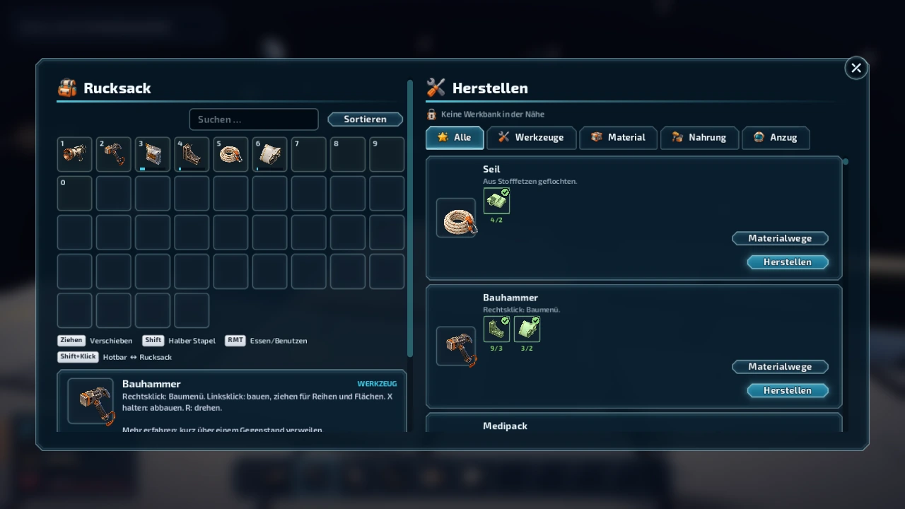 Rucksack und Herstellen bei 1280 × 720 nach dem dritten Ziel: links Plätze und Hotbar, rechts Seil und Bauhammer mit Materialkacheln, „Materialwege“ und „Herstellen“; kein Rollbalken.
